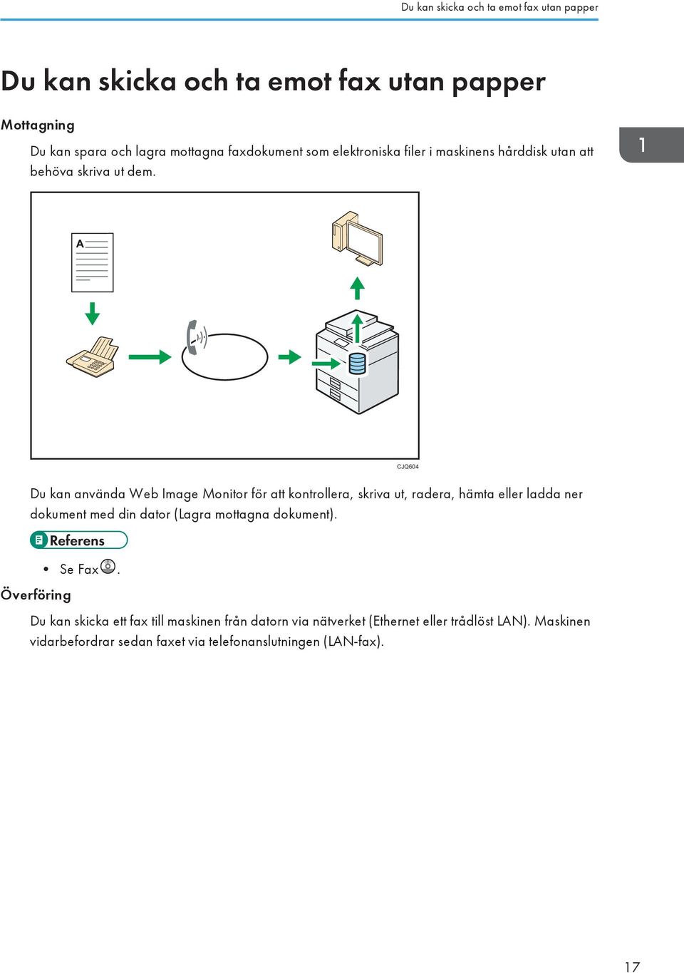 CJQ604 Du kan använda Web Image Monitor för att kontrollera, skriva ut, radera, hämta eller ladda ner dokument med din dator (Lagra