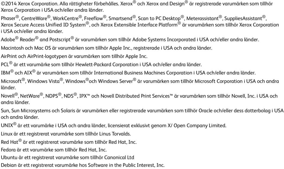 varumärken som tillhör Xerox Corporation i USA och/eller andra länder. Adobe Reader and Postscript är varumärken som tillhör Adobe Systems Incorporated i USA och/eller andra länder.