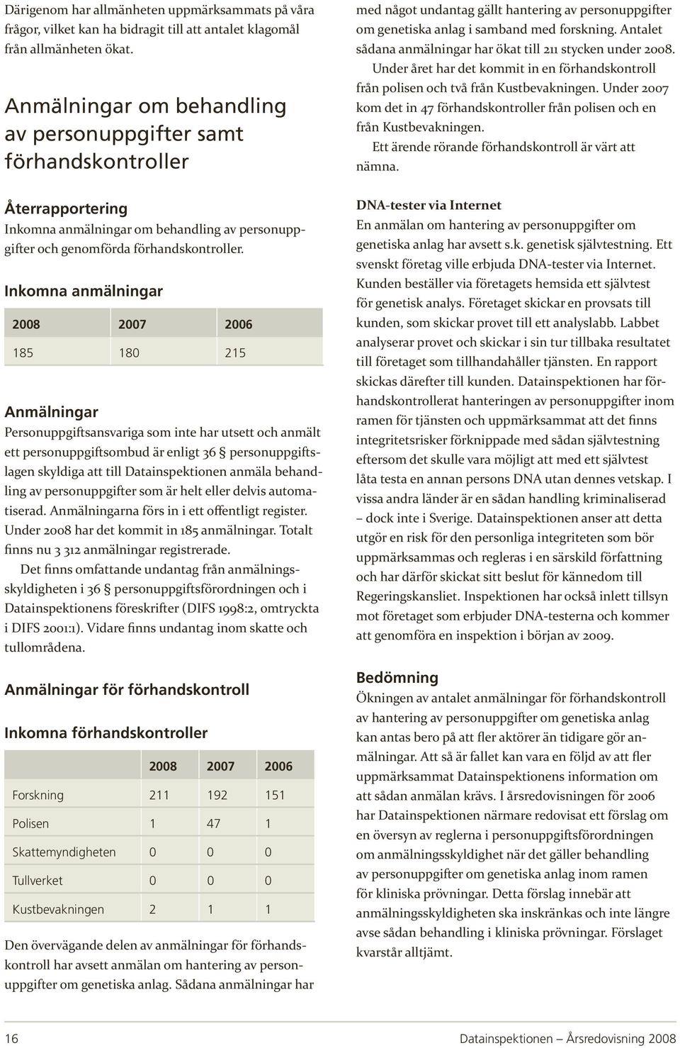 Antalet sådana anmälningar har ökat till 211 stycken under 2008. Under året har det kommit in en förhandskontroll från polisen och två från Kustbevakningen.