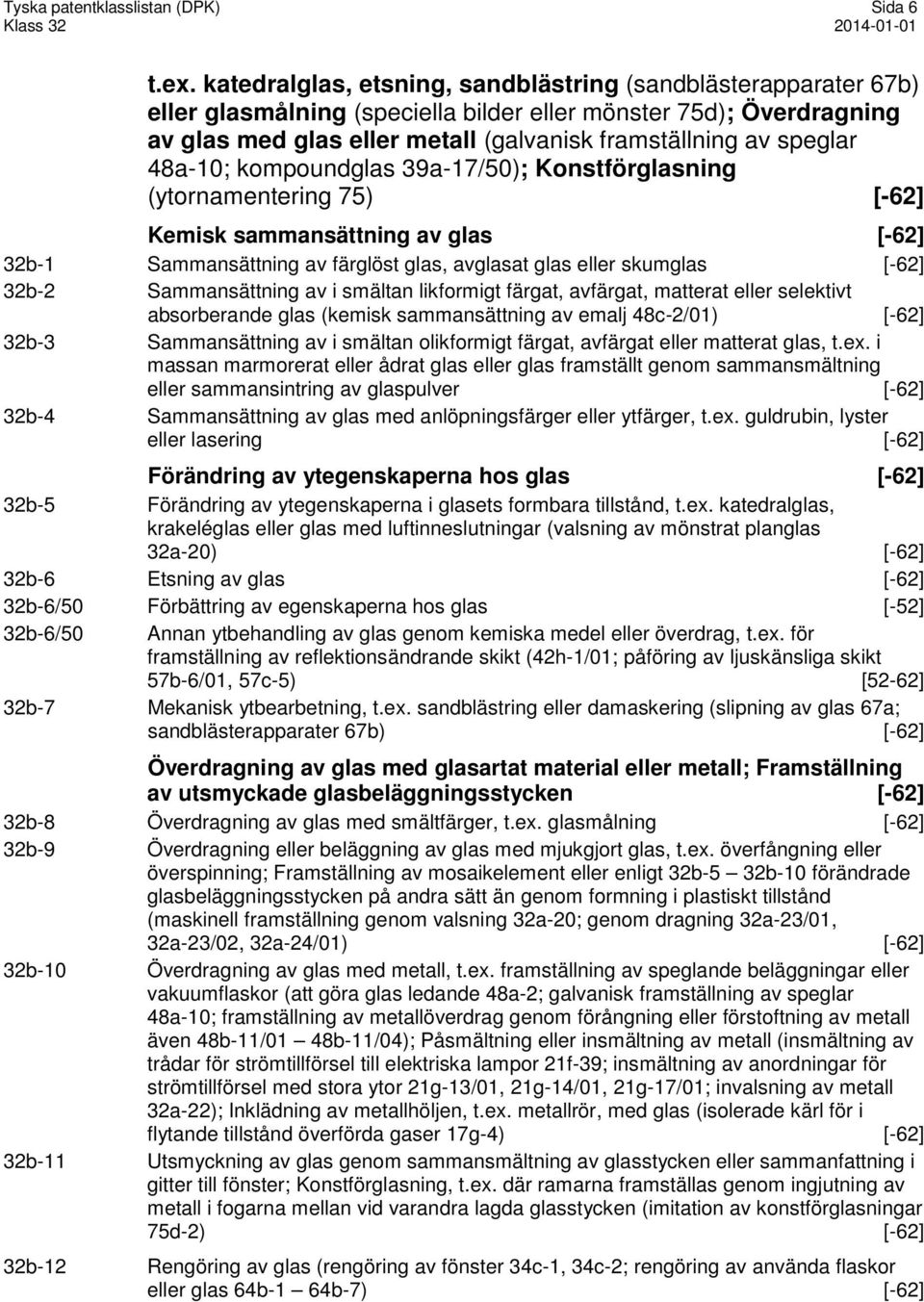 48a-10; kompoundglas 39a-17/50); Konstförglasning (ytornamentering 75) [-62] Kemisk sammansättning av glas [-62] 32b-1 Sammansättning av färglöst glas, avglasat glas eller skumglas [-62] 32b-2