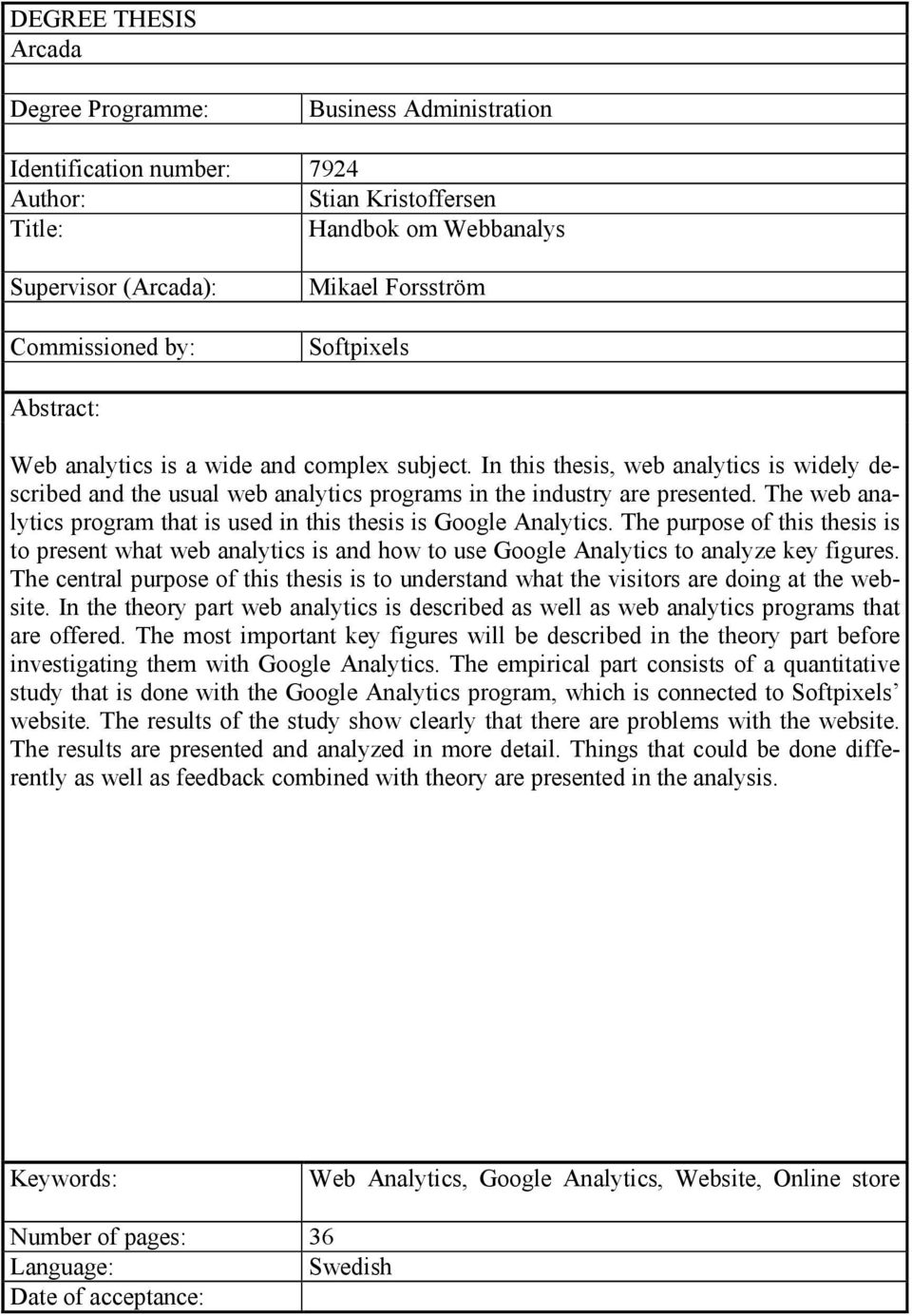 The web analytics program that is used in this thesis is Google Analytics. The purpose of this thesis is to present what web analytics is and how to use Google Analytics to analyze key figures.