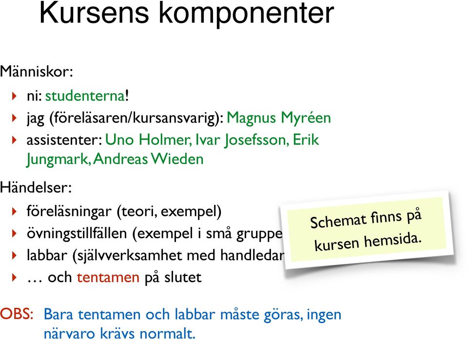 Andreas Wieden Händelser: föreläsningar (teori, exempel) övningstillfällen (exempel i små grupper)