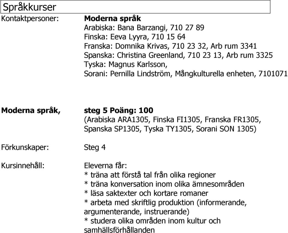 FI1305, Franska FR1305, Spanska SP1305, Tyska TY1305, Sorani SON 1305) Steg 4 Eleverna får: * träna att förstå tal från olika regioner * träna konversation inom olika