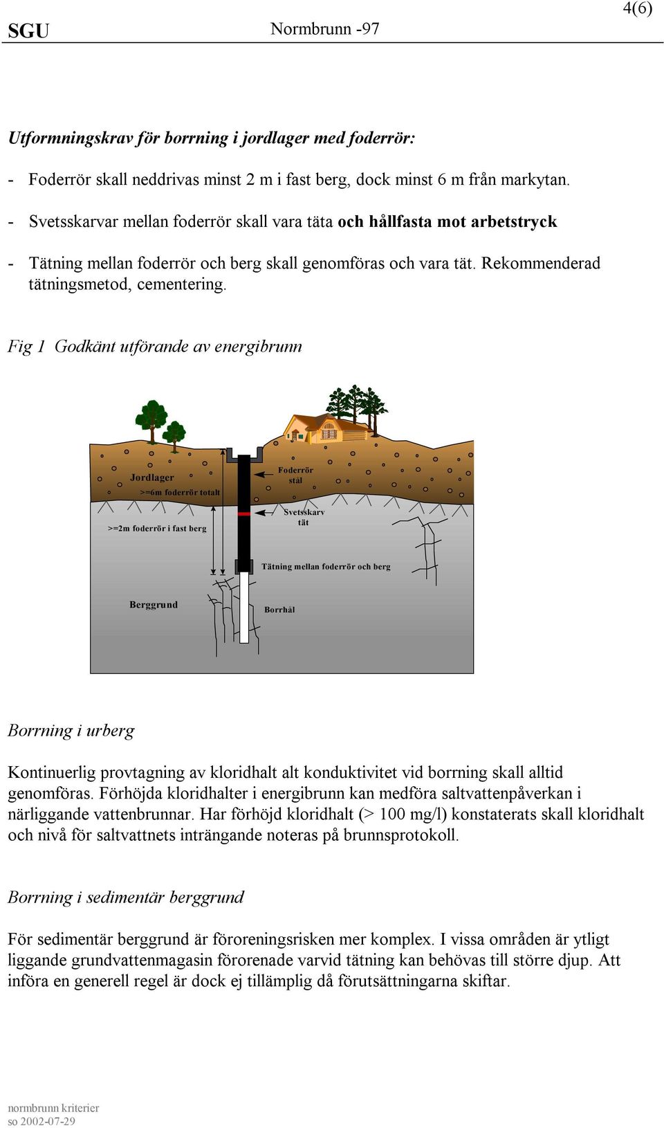 Fig 1 Godkänt utförande av energibrunn Jordlager >=6m foderrö r totalt >=2m foderrö r i fast berg Foderrö r stål Svetsskarv tät Tätning mellan foderrö r och berg Berggrund Borrhål Borrning i urberg