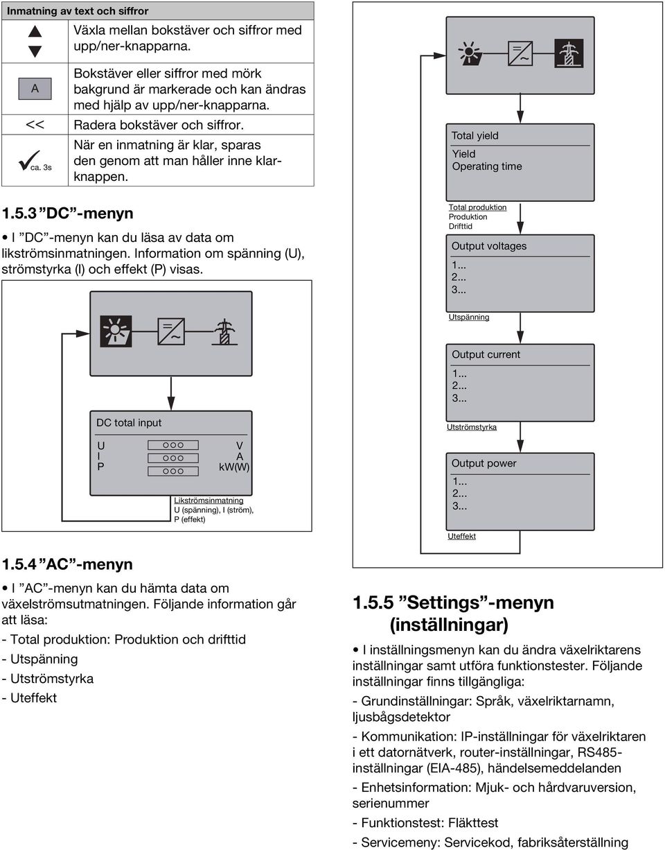 När en inmatning är klar, sparas den genom att man håller inne klarknappen. I DC -menyn kan du läsa av data om likströmsinmatningen. Information om spänning (U), strömstyrka (I) och effekt (P) visas.