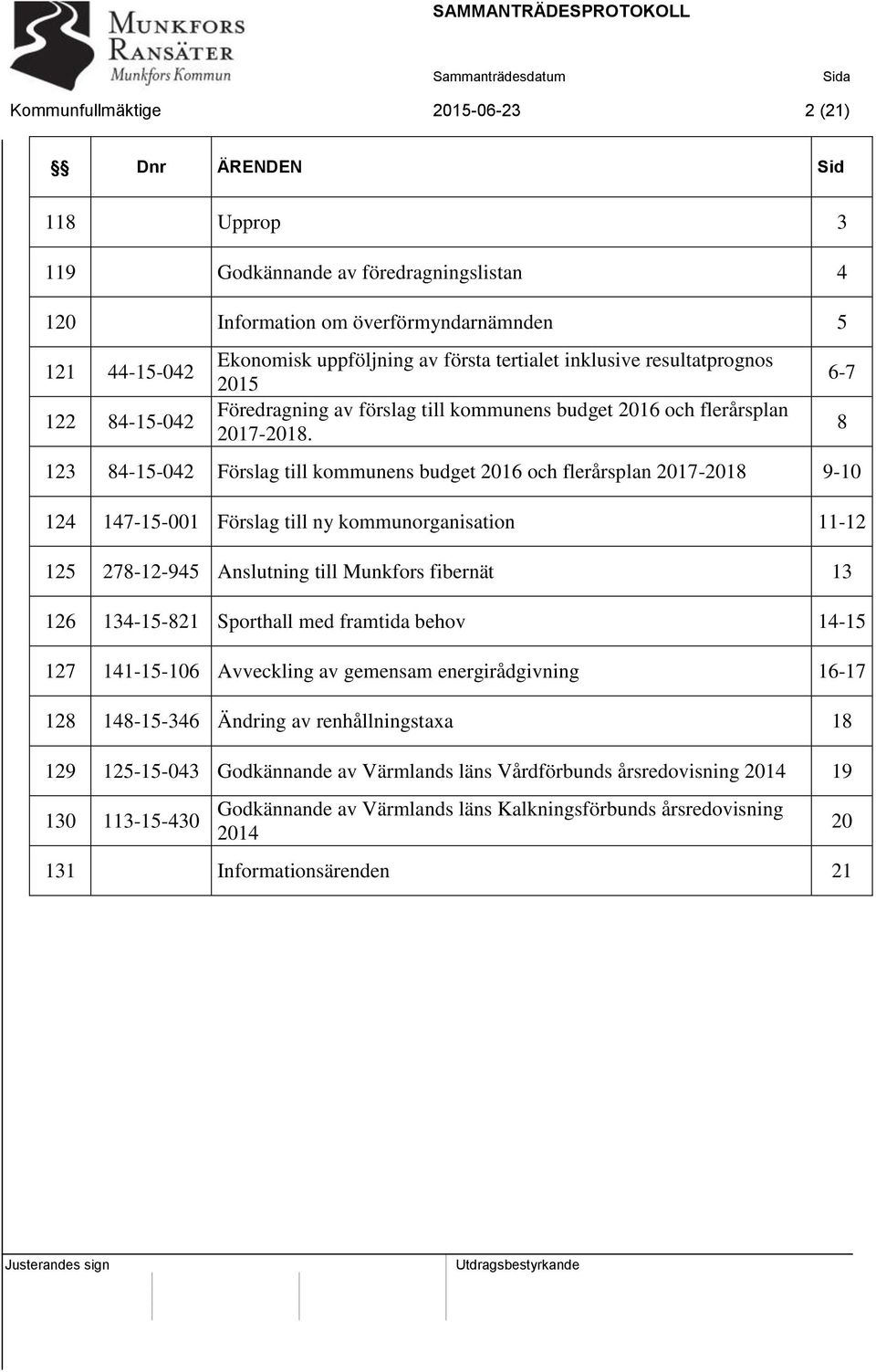 123 84-15-042 Förslag till kommunens budget 2016 och flerårsplan 2017-2018 9-10 124 147-15-001 Förslag till ny kommunorganisation 11-12 125 278-12-945 Anslutning till Munkfors fibernät 13 126