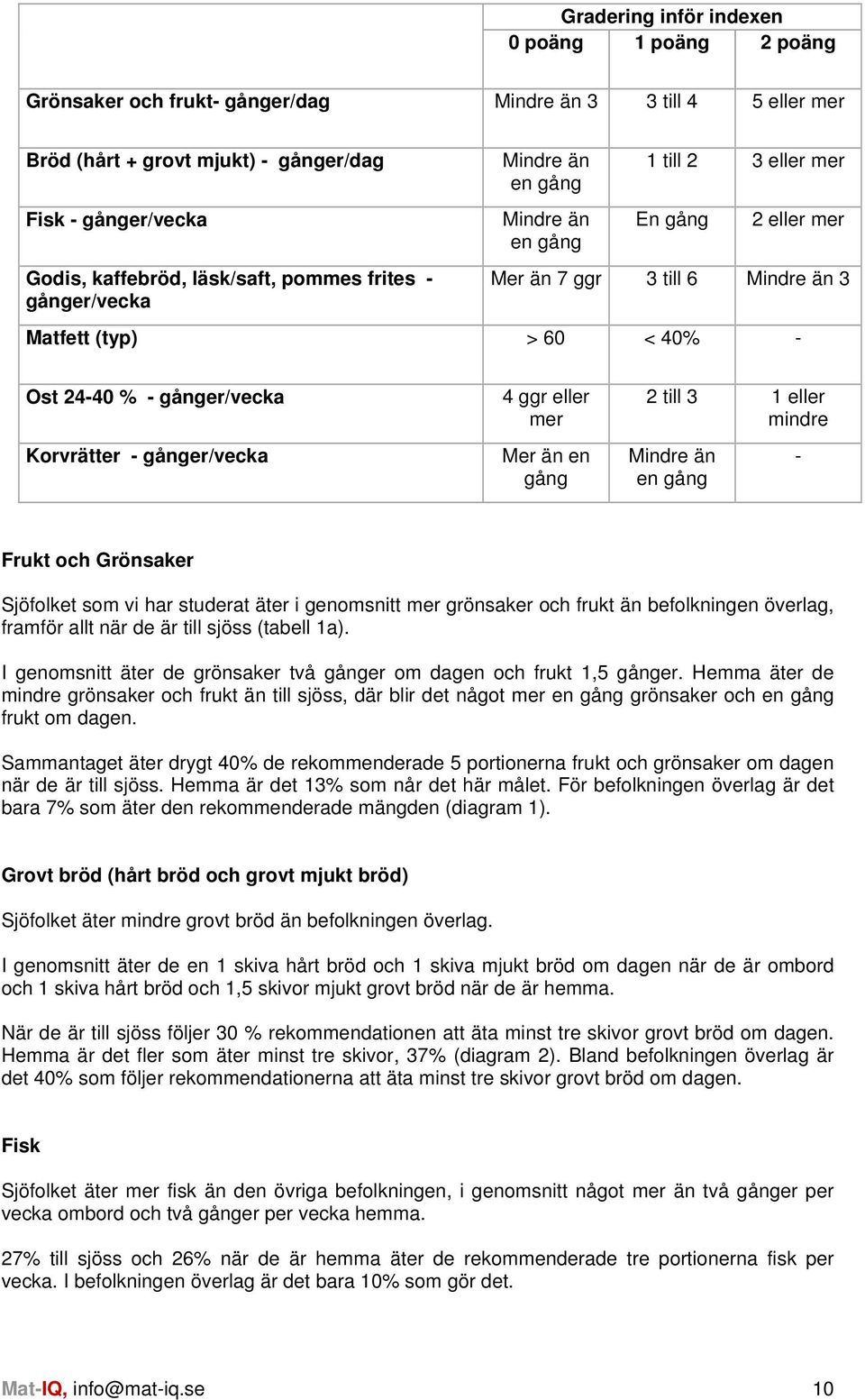 gånger/vecka Korvrätter - gånger/vecka 4 ggr eller mer Mer än en gång 2 till 3 1 eller mindre Mindre än en gång - Frukt och Grönsaker Sjöfolket som vi har studerat äter i genomsnitt mer grönsaker och