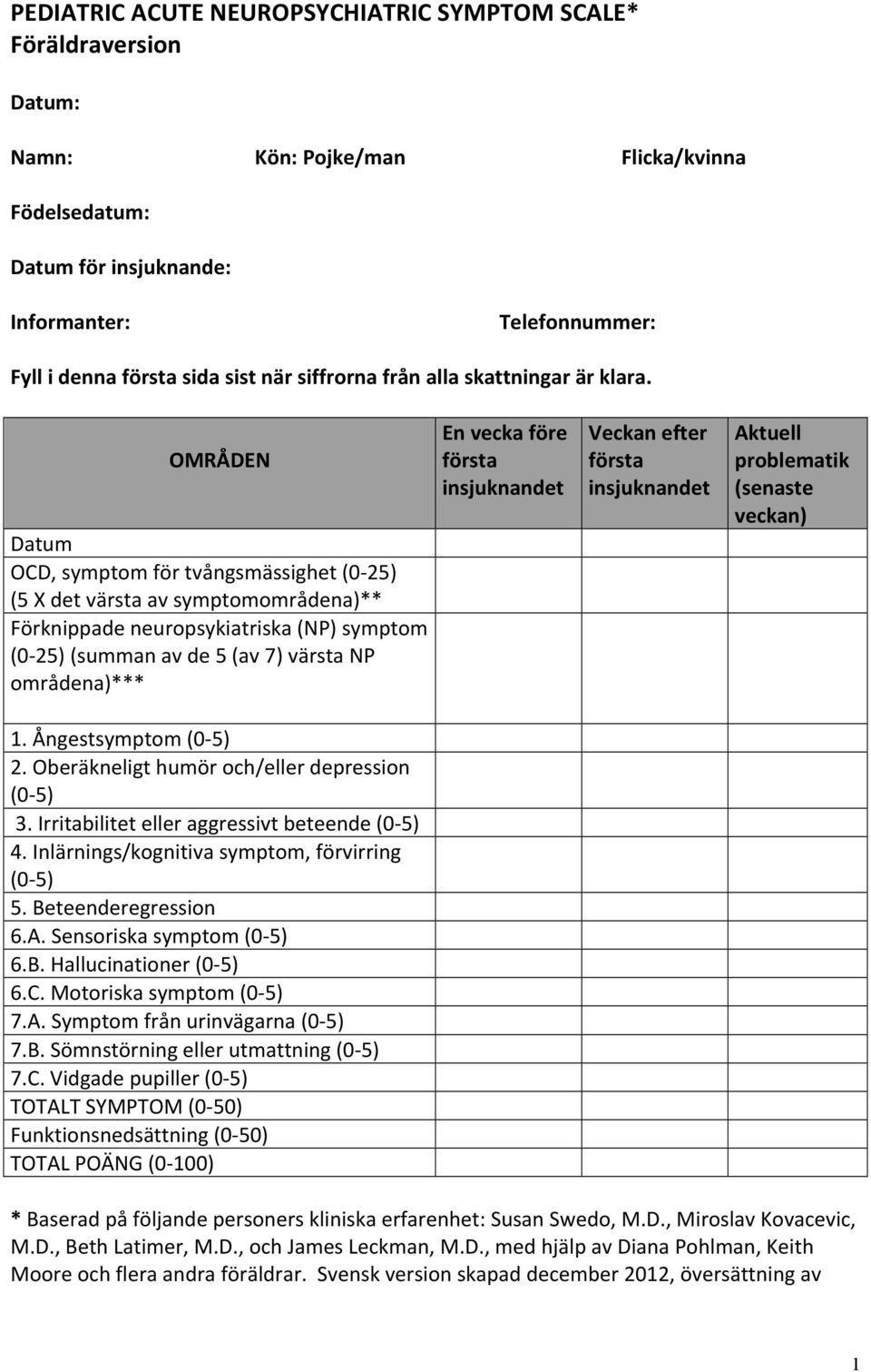 OMRÅDEN Datum OCD, symptom för tvångsmässighet (0-25) (5 X det värsta av symptomområdena)** Förknippade neuropsykiatriska (NP) symptom (0-25) (summan av de 5 (av 7) värsta NP områdena)*** 1.