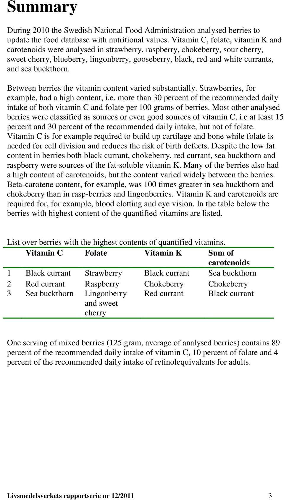 buckthorn. Between berries the vitamin content varied substantially. Strawberries, for example, had a high content, i.e. more than 30 percent of the recommended daily intake of both vitamin C and folate per 100 grams of berries.