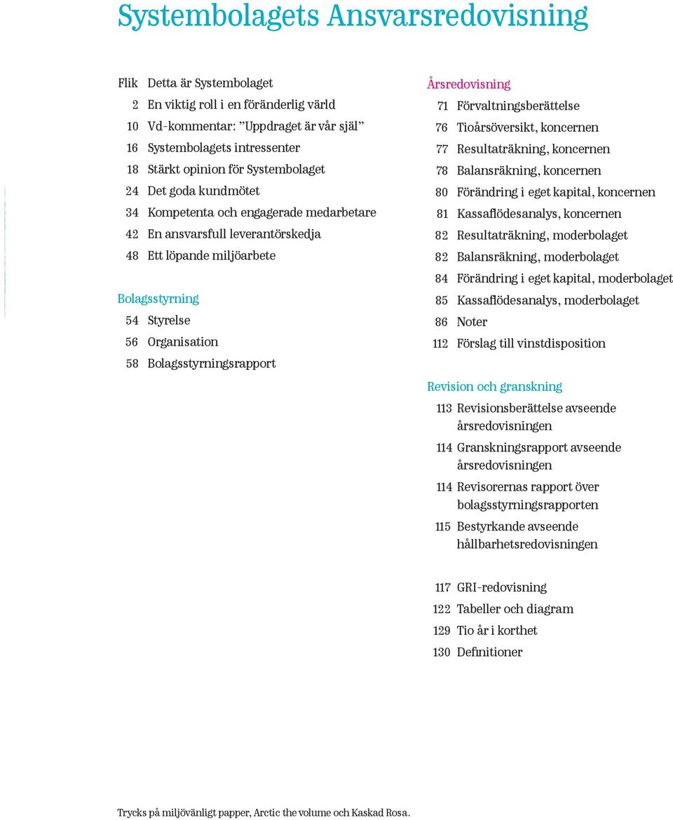 Bolagsstyrningsrapport Årsredovisning 71 Förvaltningsberättelse 76 Tioårsöversikt, koncernen 77 Resultaträkning, koncernen 78 Balansräkning, koncernen 80 Förändring i eget kapital, koncernen 81