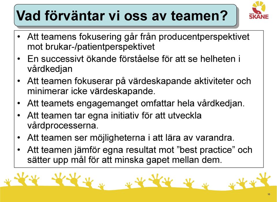 helheten i vårdkedjan Att teamen fokuserar på värdeskapande aktiviteter och minimerar icke värdeskapande.