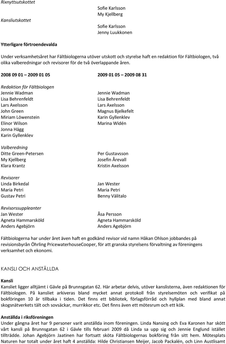 2008 09 01 2009 01 05 2009 01 05 2009 08 31 Redaktion för Fältbiologen Jennie Wadman Lisa Behrenfeldt Lars Axelsson John Green Miriam Löwenstein Elinor Wilson Jonna Hägg Karin Gyllenklev Valberedning