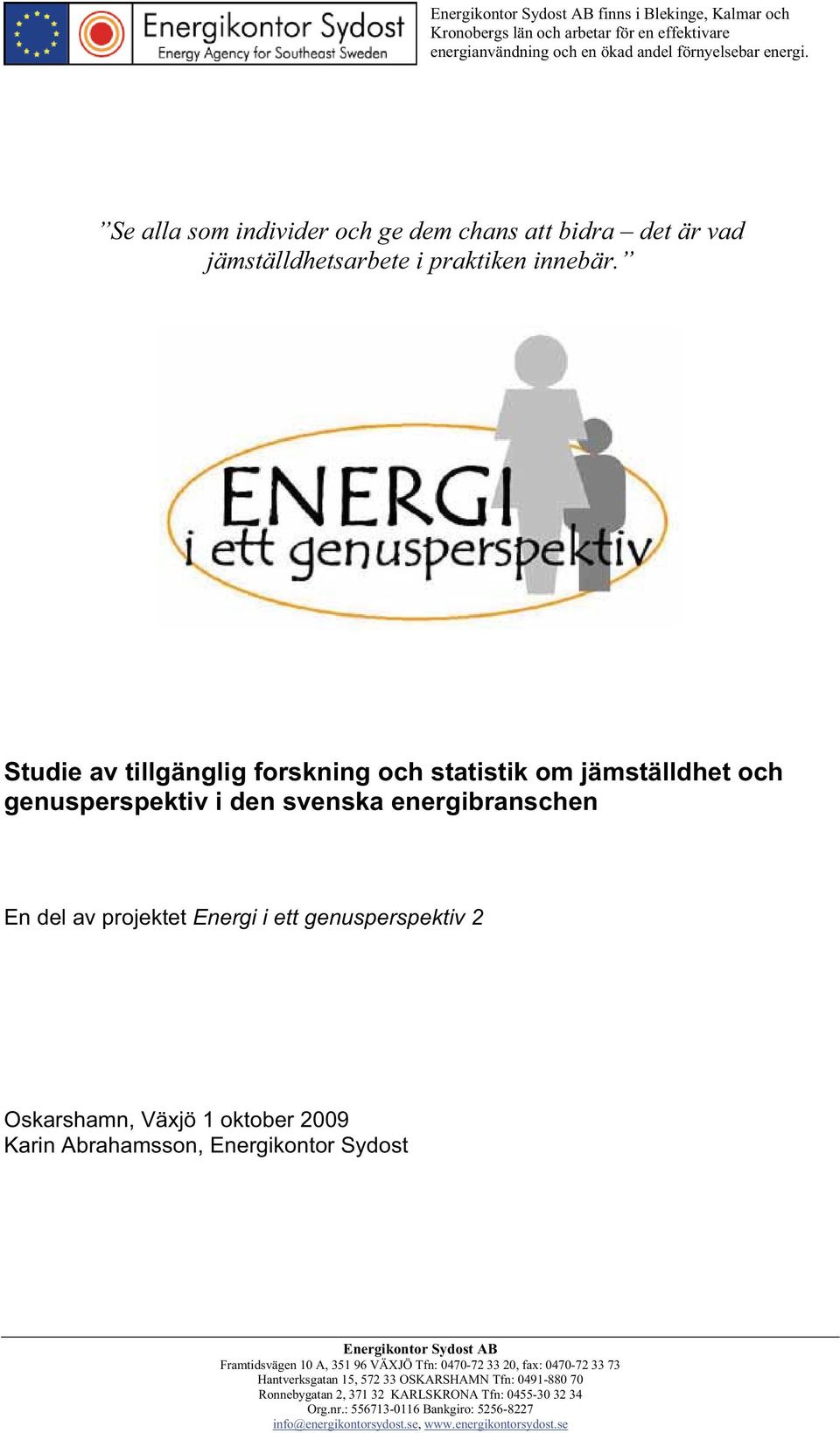 Studie av tillgänglig forskning och statistik om jämställdhet och genusperspektiv i den svenska energibranschen En del av projektet Energi i ett genusperspektiv 2 Oskarshamn, Växjö 1 oktober 2009