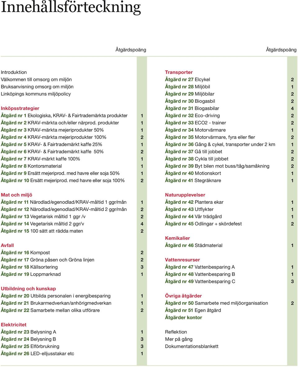 produkter Åtgärd nr 3 KRAV-märkta mejeriprodukter 50% Åtgärd nr 4 KRAV-märkta mejeriprodukter 100% Åtgärd nr 5 KRAV- & Fairtrademärkt kaffe 25% Åtgärd nr 6 KRAV- & Fairtrademärkt kaffe 50% Åtgärd nr