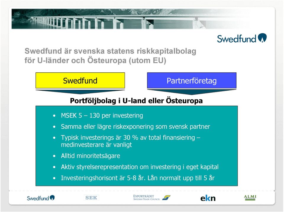 partner Typisk investerings är 30 % av total finansiering medinvesterare är vanligt Alltid minoritetsägare