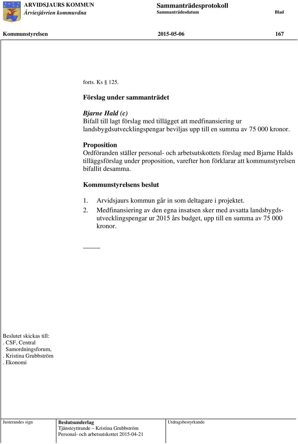 Proposition Ordföranden ställer personal- och arbetsutskottets förslag med Bjarne Halds tilläggsförslag under proposition, varefter hon förklarar att kommunstyrelsen bifallit desamma.