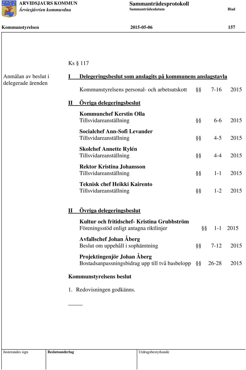 Rektor Kristina Johansson Tillsvidareanställning 1-1 2015 Teknisk chef Heikki Kairento Tillsvidareanställning 1-2 2015 II Övriga delegeringsbeslut Kultur och fritidschef- Kristina Grubbström