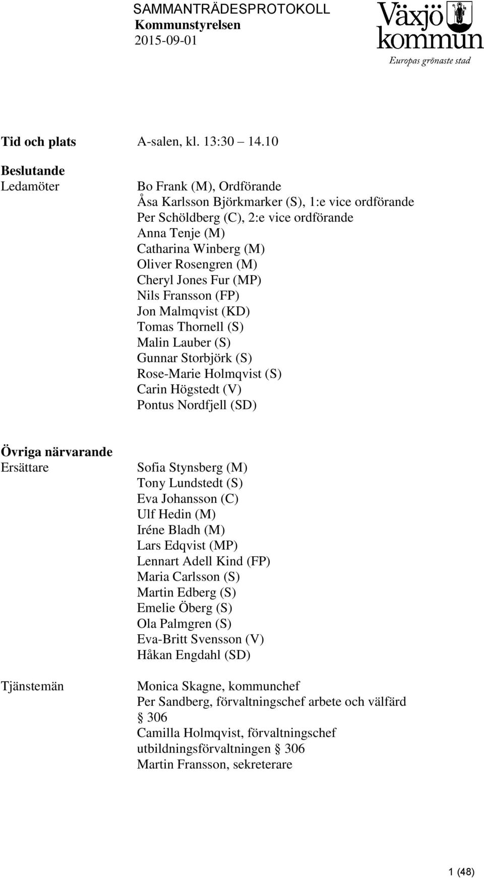 Cheryl Jones Fur (MP) Nils Fransson (FP) Jon Malmqvist (KD) Tomas Thornell (S) Malin Lauber (S) Gunnar Storbjörk (S) Rose-Marie Holmqvist (S) Carin Högstedt (V) Pontus Nordfjell (SD) Övriga