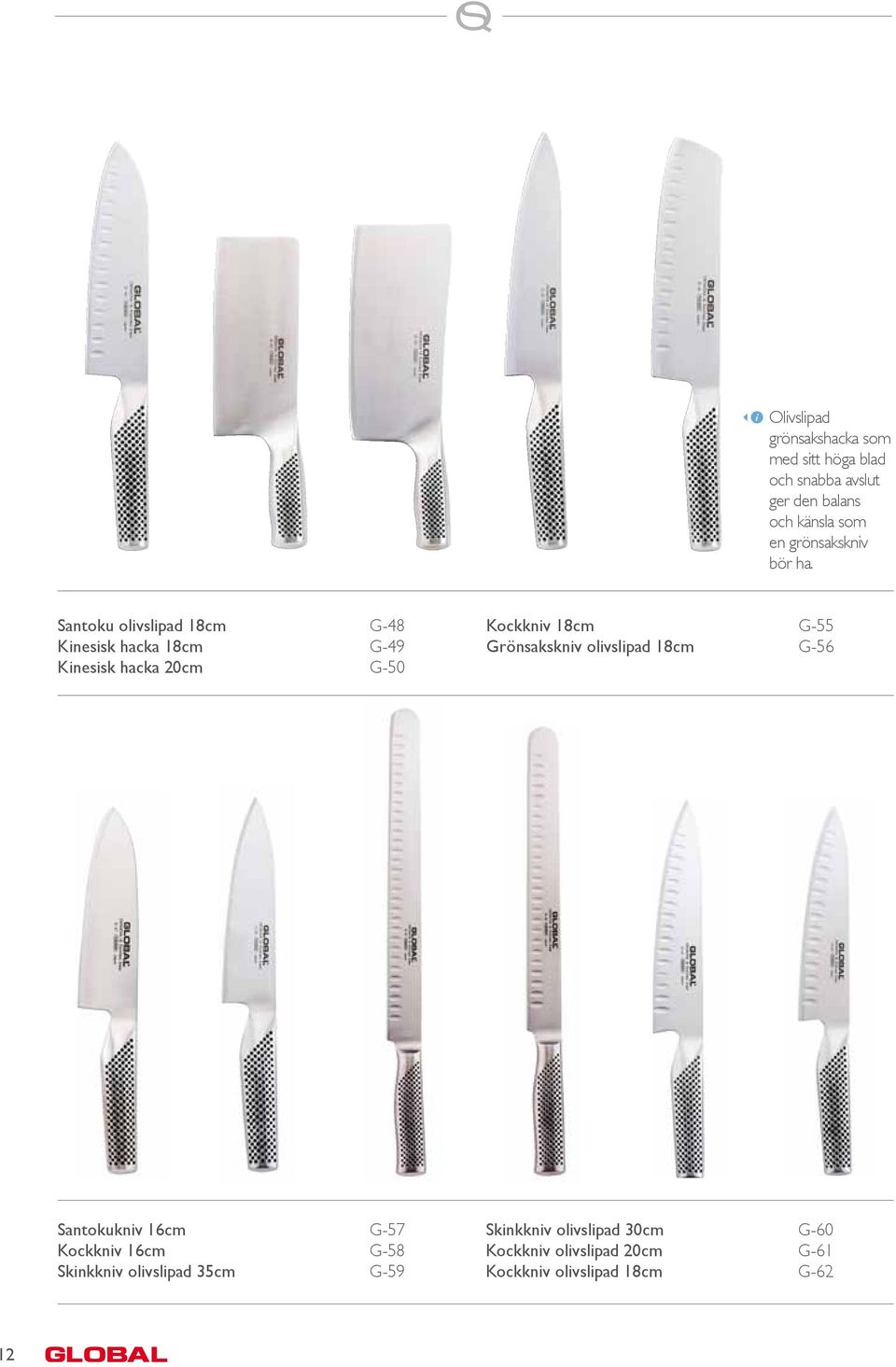 Santoku olvslpad 18cm G-48 Knessk hacka 18cm G-49 Knessk hacka 20cm G-50 Kockknv 18cm G-55