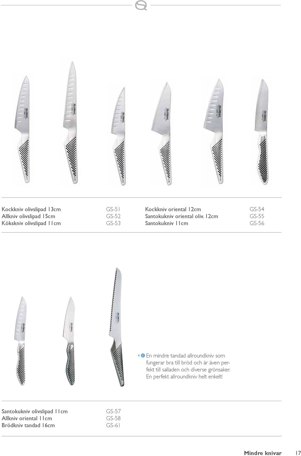 12cm Santokuknv 11cm GS-54 GS-55 GS-56 En mndre tandad allroundknv som fungerar bra tll bröd och är