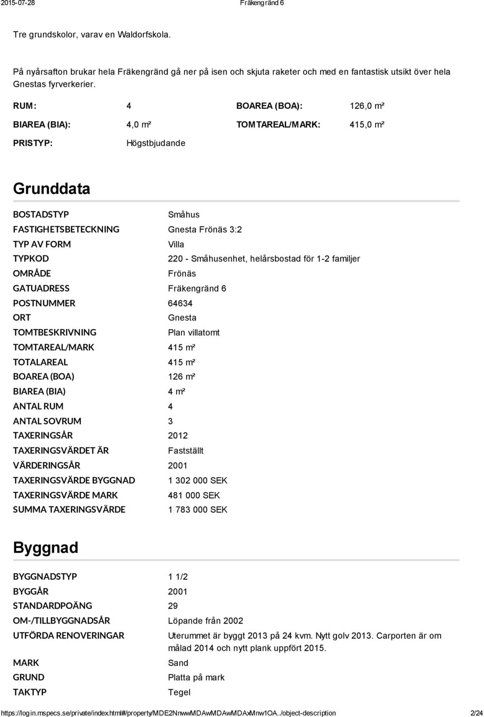 Småhusenhet, helårsbostad för 1 2 familjer OMRÅDE Frönäs GATUADRESS Fräkengränd 6 POSTNUMMER 64634 ORT Gnesta TOMTBESKRIVNING Plan villatomt TOMTAREAL/MARK 415 m² TOTALAREAL 415 m² BOAREA (BOA) 126