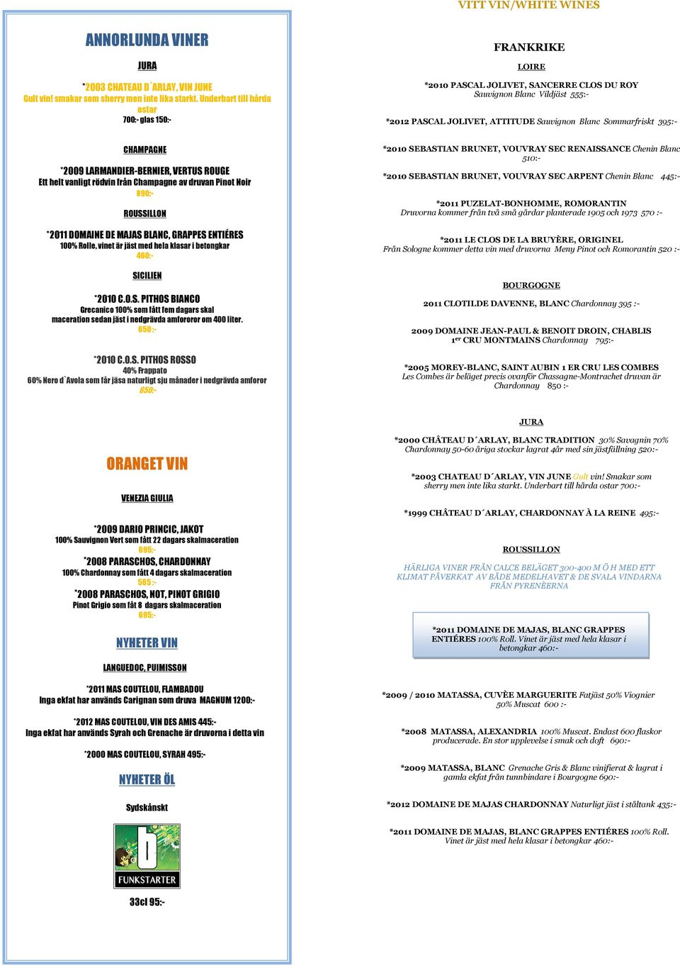 *2009 LARMANDIER-BERNIER, VERTUS ROUGE Ett helt vanligt rödvin från Champagne av druvan Pinot Noir 890:- ROUSSILLON *2011 DOMAINE DE MAJAS BLANC, GRAPPES ENTIÉRES 100% Rolle, vinet är jäst med hela