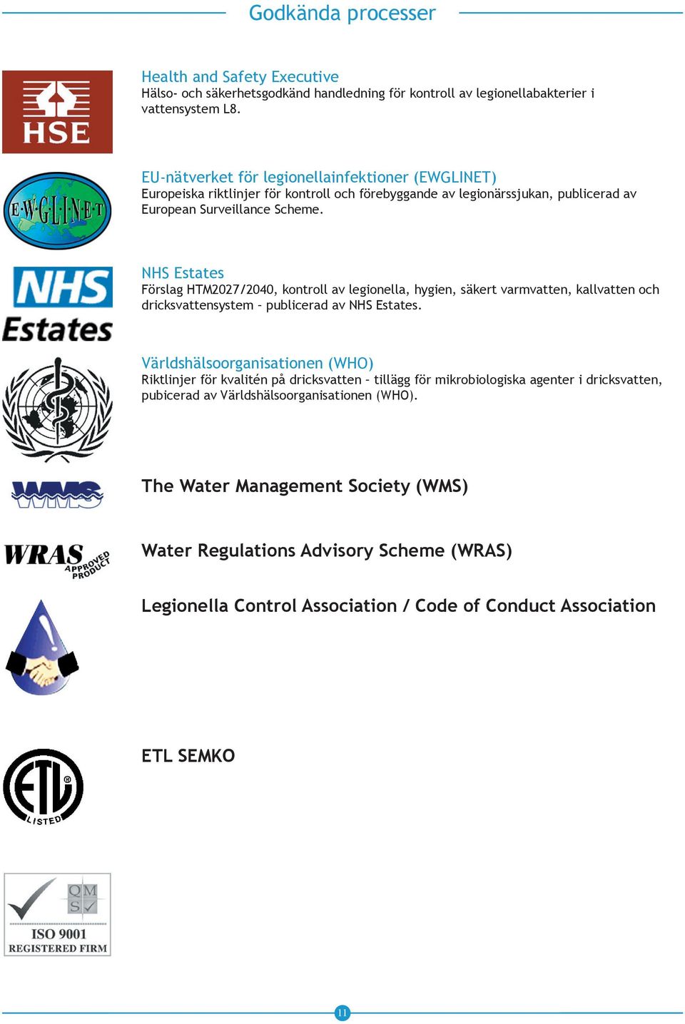 NHS Estates Förslag HTM2027/2040, kontroll av legionella, hygien, säkert varmvatten, kallvatten och dricksvattensystem publicerad av NHS Estates.