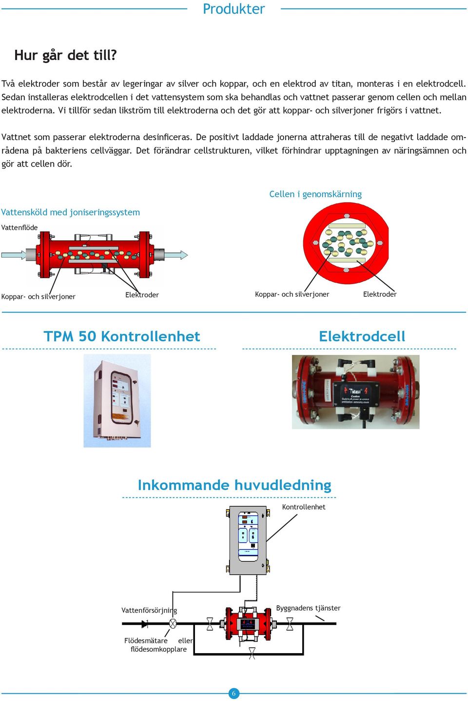 Vi tillför sedan likström till elektroderna och det gör att koppar- och silverjoner frigörs i vattnet. Vattnet som passerar elektroderna desinficeras.