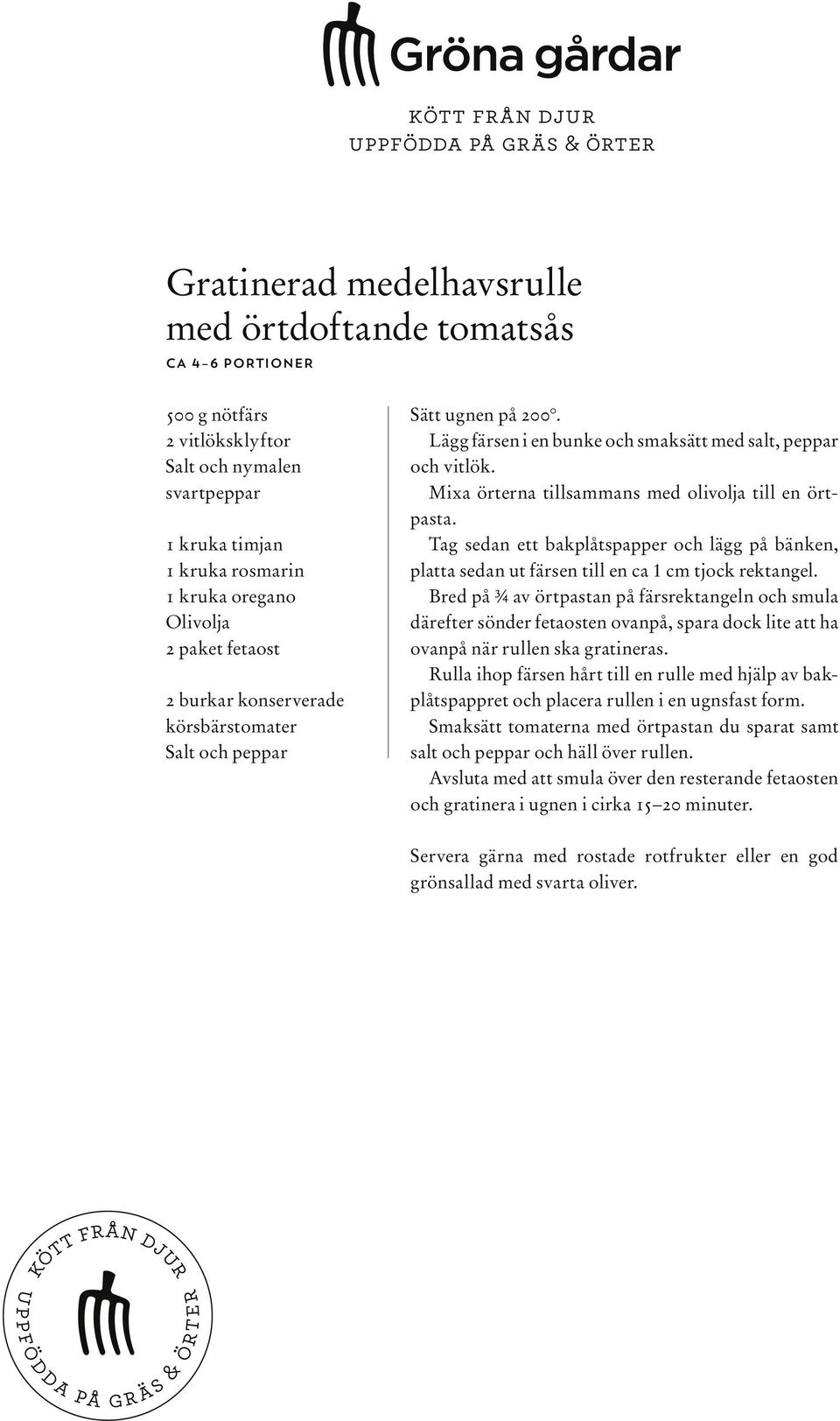 Mixa örterna tillsammans med olivolja till en örtpasta. Tag sedan ett bakplåtspapper och lägg på bänken, platta sedan ut färsen till en ca 1 cm tjock rektangel.