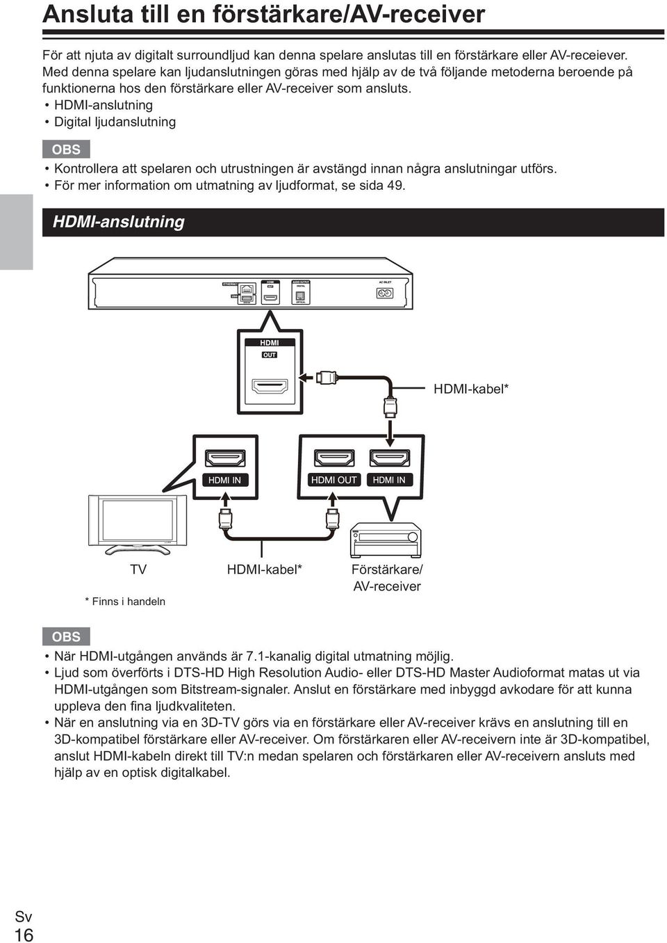 HDMI-anslutning Digital ljudanslutning Kontrollera att spelaren och utrustningen är avstängd innan några anslutningar utförs. För mer information om utmatning av ljudformat, se sida 49.