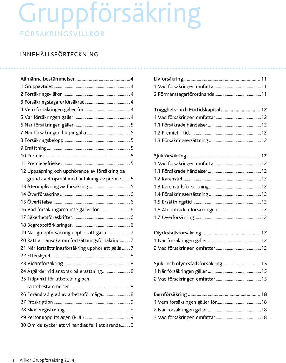 på grund av dröjsmål med betalning av premie 5 13 Återupplivning av försäkring 5 14 Överförsäkring 6 15 Överlåtelse 6 16 Vad försäkringarna inte gäller för 6 17 Säkerhetsföreskrifter 6 18