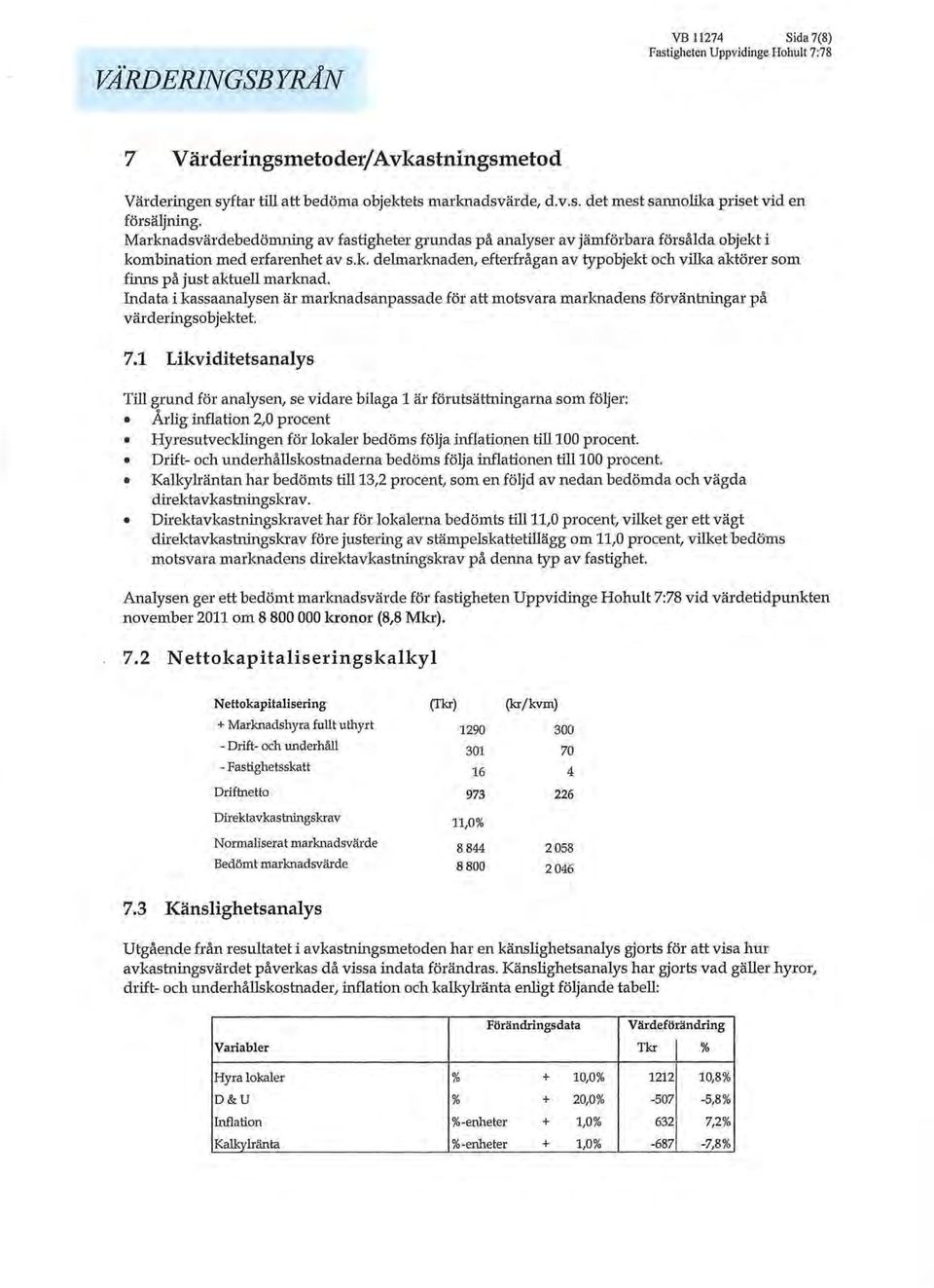 Indata i kassaanalysen är marknadsanpassade för att motsvara marknadens förväntningar på värderingsobjektet 7.