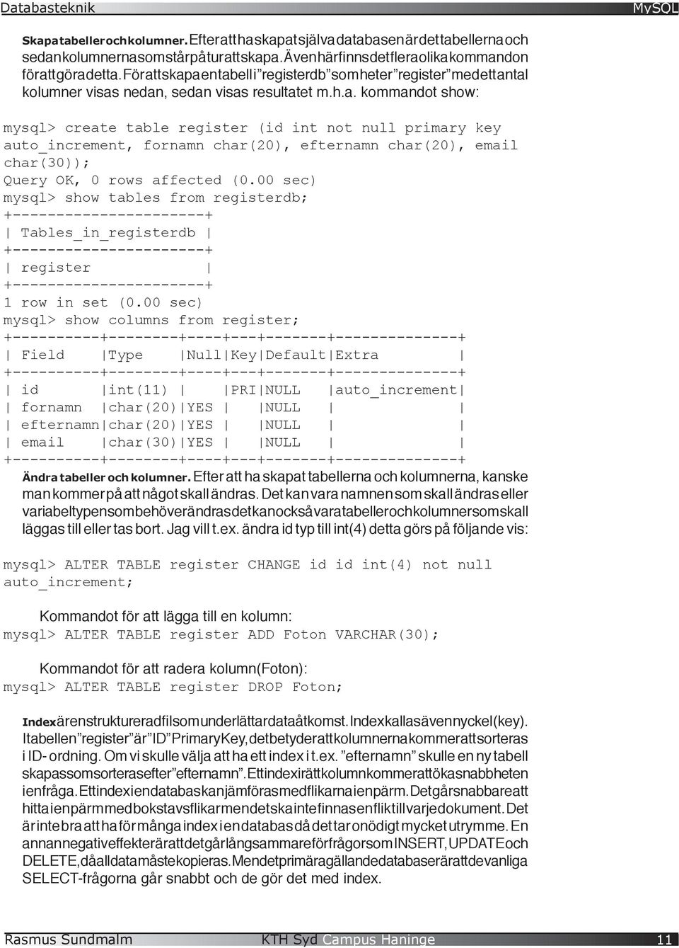 00 sec) mysql> show tables from registerdb; +----------------------+ Tables_in_registerdb +----------------------+ register +----------------------+ 1 row in set (0.