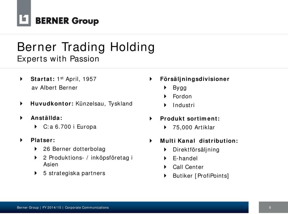 700 i Europa Produkt sortiment: 75,000 Artiklar Platser: 26 Berner dotterbolag 2 Produktions- /