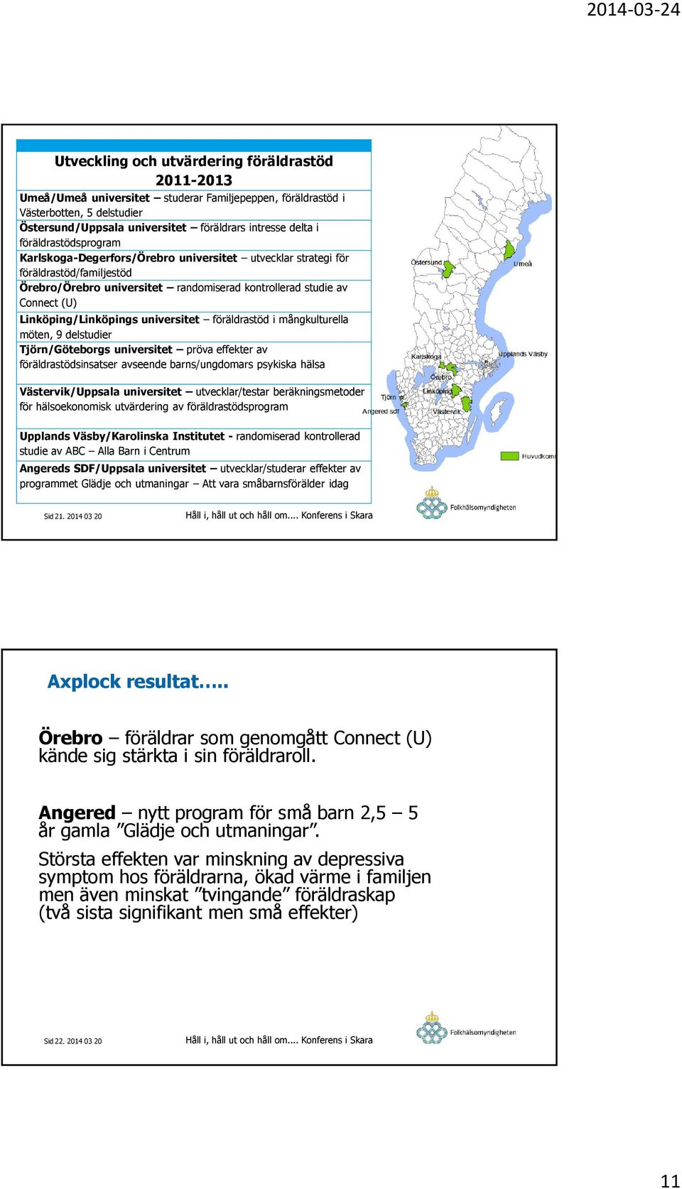 Linköping/Linköpings universitet föräldrastöd i mångkulturella möten, 9 delstudier Tjörn/Göteborgs universitet pröva effekter av föräldrastödsinsatser avseende barns/ungdomars psykiska hälsa