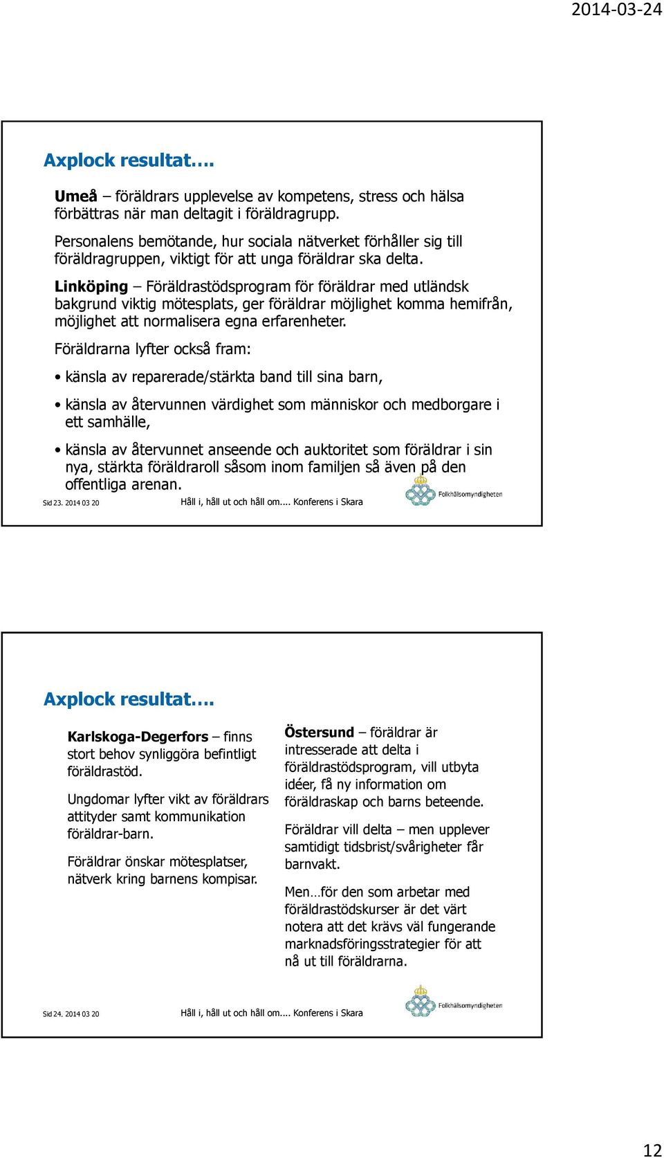 Linköping Föräldrastödsprogram för föräldrar med utländsk bakgrund viktig mötesplats, ger föräldrar möjlighet komma hemifrån, möjlighet att normalisera egna erfarenheter.