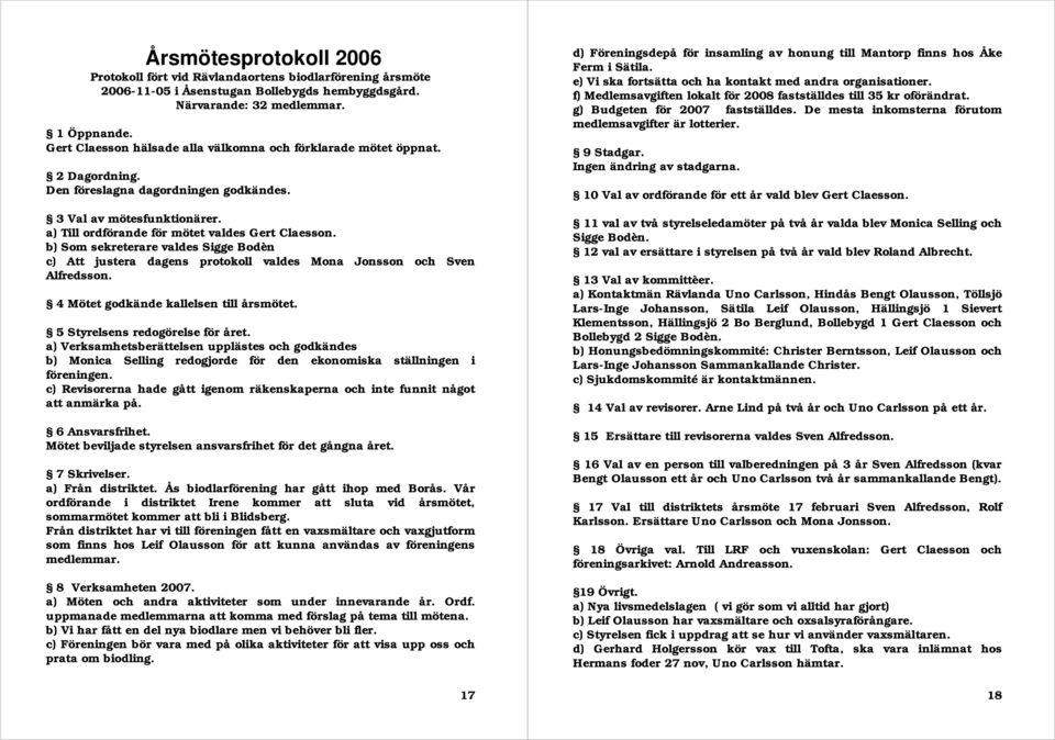 b) Som sekreterare valdes Sigge Bodèn c) Att justera dagens protokoll valdes Mona Jonsson och Sven Alfredsson. 4 Mötet godkände kallelsen till årsmötet. 5 Styrelsens redogörelse för året.