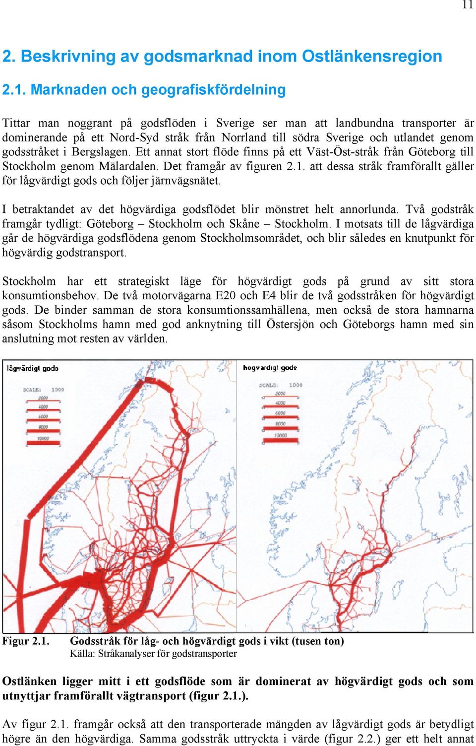 Det framgår av figuren 2.1. att dessa stråk framförallt gäller för lågvärdigt gods och följer järnvägsnätet. I betraktandet av det högvärdiga godsflödet blir mönstret helt annorlunda.