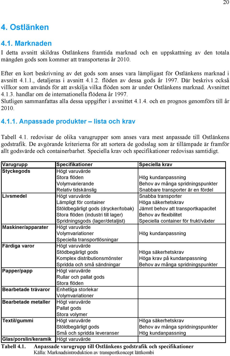 Där beskrivs också villkor som används för att avskilja vilka flöden som är under Ostlänkens marknad. Avsnittet 4.1.3. handlar om de internationella flödena år 1997.