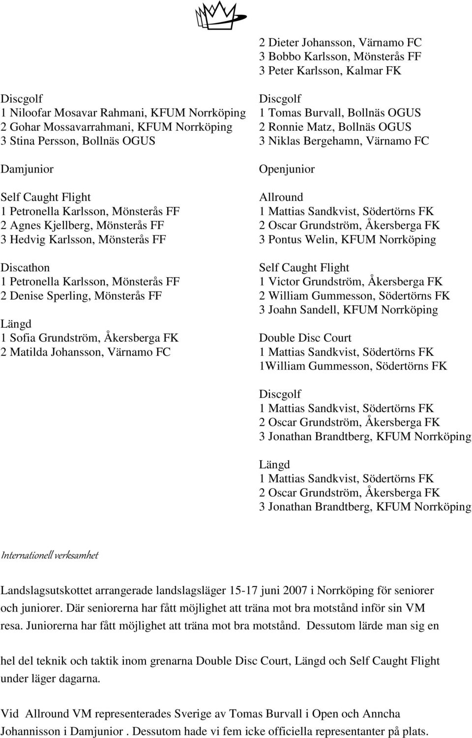 Mönsterås FF 1 Mattias Sandkvist, Södertörns FK 2 Agnes Kjellberg, Mönsterås FF 2 Oscar Grundström, Åkersberga FK 3 Hedvig Karlsson, Mönsterås FF 3 Pontus Welin, KFUM Norrköping Discathon Self Caught