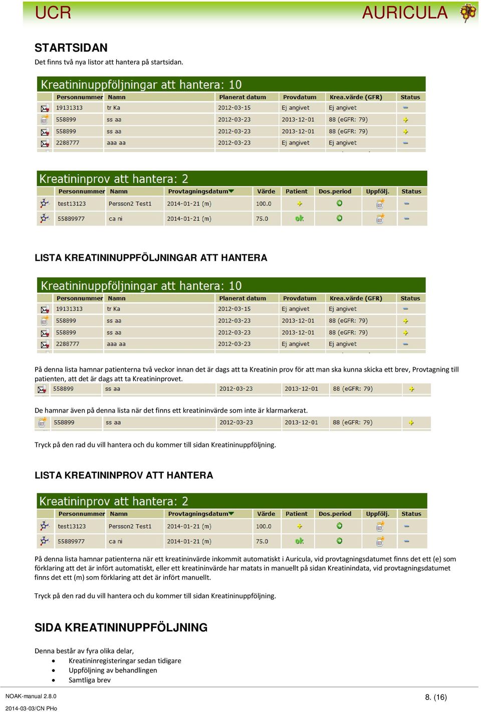 det är dags att ta Kreatininprovet. De hamnar även på denna lista när det finns ett kreatininvärde som inte är klarmarkerat.