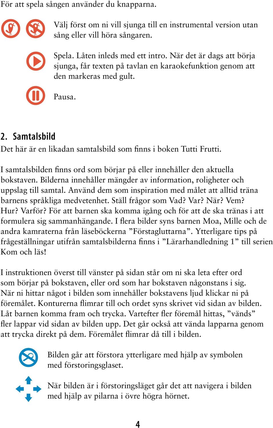 I samtalsbilden finns ord som börjar på eller innehåller den aktuella bokstaven. Bilderna innehåller mängder av information, roligheter och uppslag till samtal.