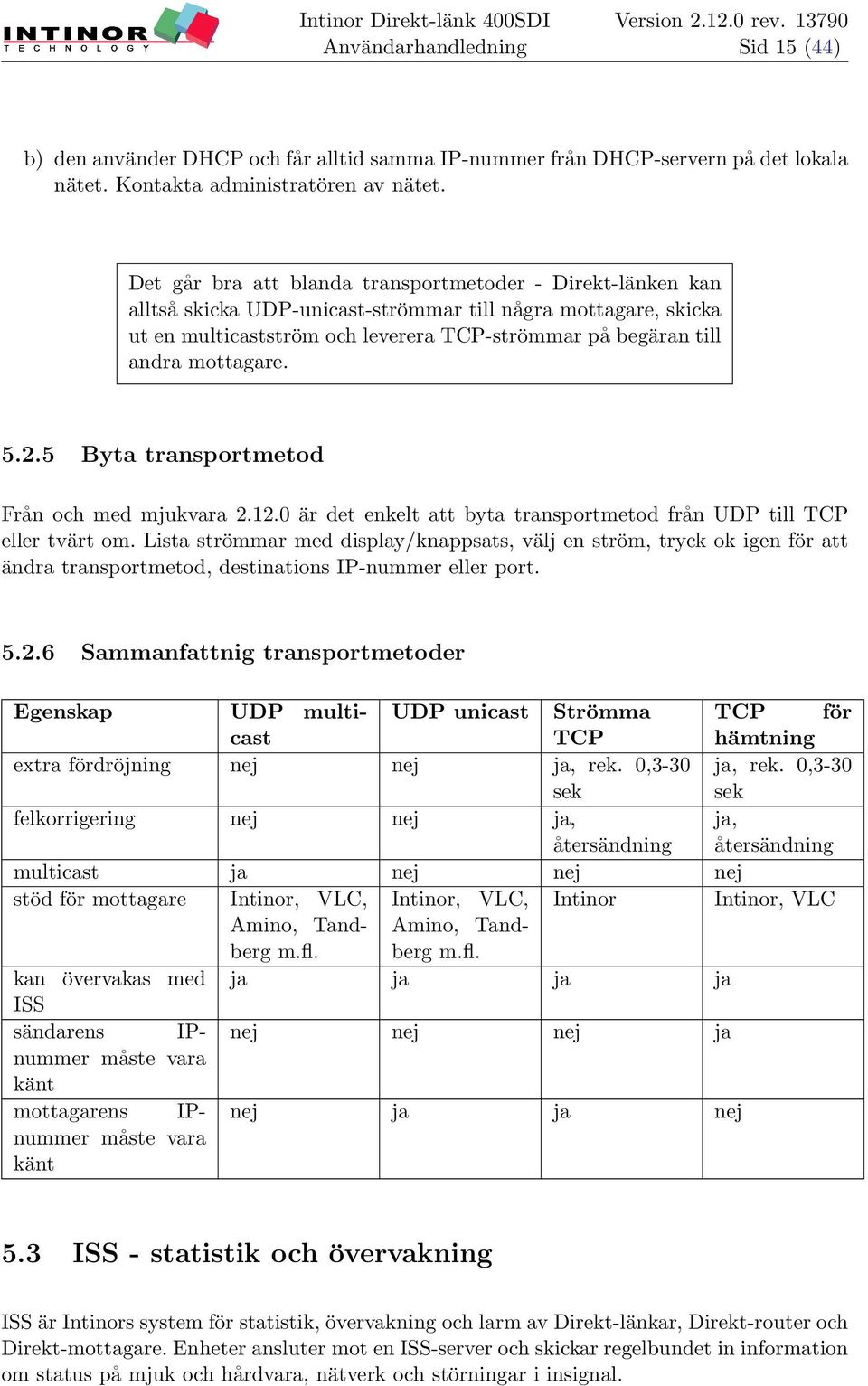 mottagare. 5.2.5 Byta transportmetod Från och med mjukvara 2.12.0 är det enkelt att byta transportmetod från UDP till TCP eller tvärt om.