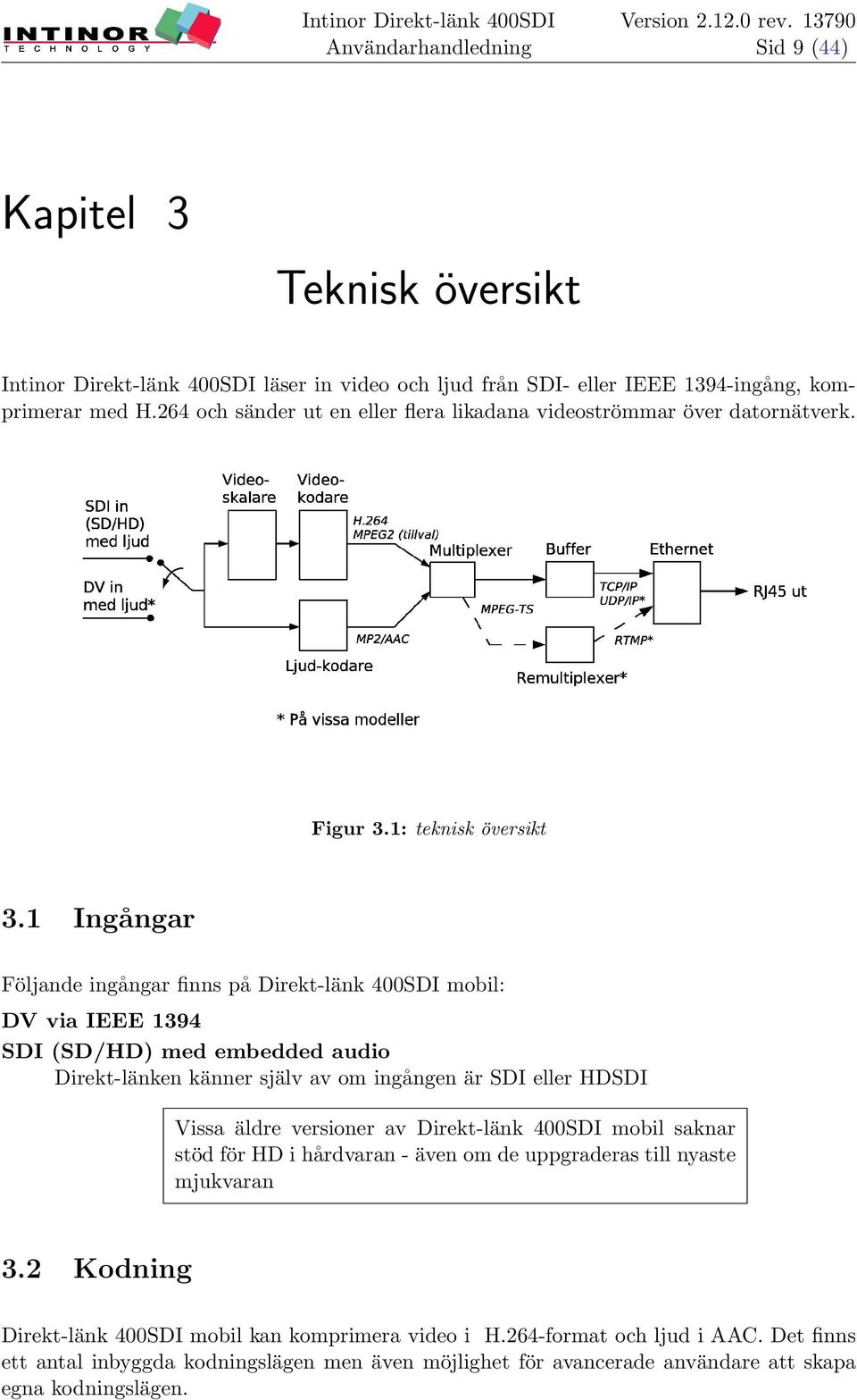 1 Ingångar Följande ingångar finns på Direkt-länk 400SDI mobil: DV via IEEE 1394 SDI (SD/HD) med embedded audio Direkt-länken känner själv av om ingången är SDI eller HDSDI Vissa äldre