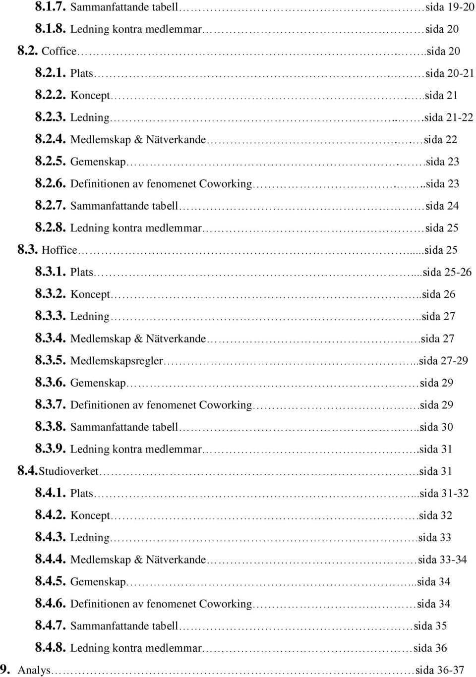 ..sida 25 8.3.1. Plats...sida 25-26 8.3.2. Koncept..sida 26 8.3.3. Ledning..sida 27 8.3.4. Medlemskap & Nätverkande.sida 27 8.3.5. Medlemskapsregler...sida 27-29 8.3.6. Gemenskap sida 29 8.3.7. Definitionen av fenomenet Coworking.