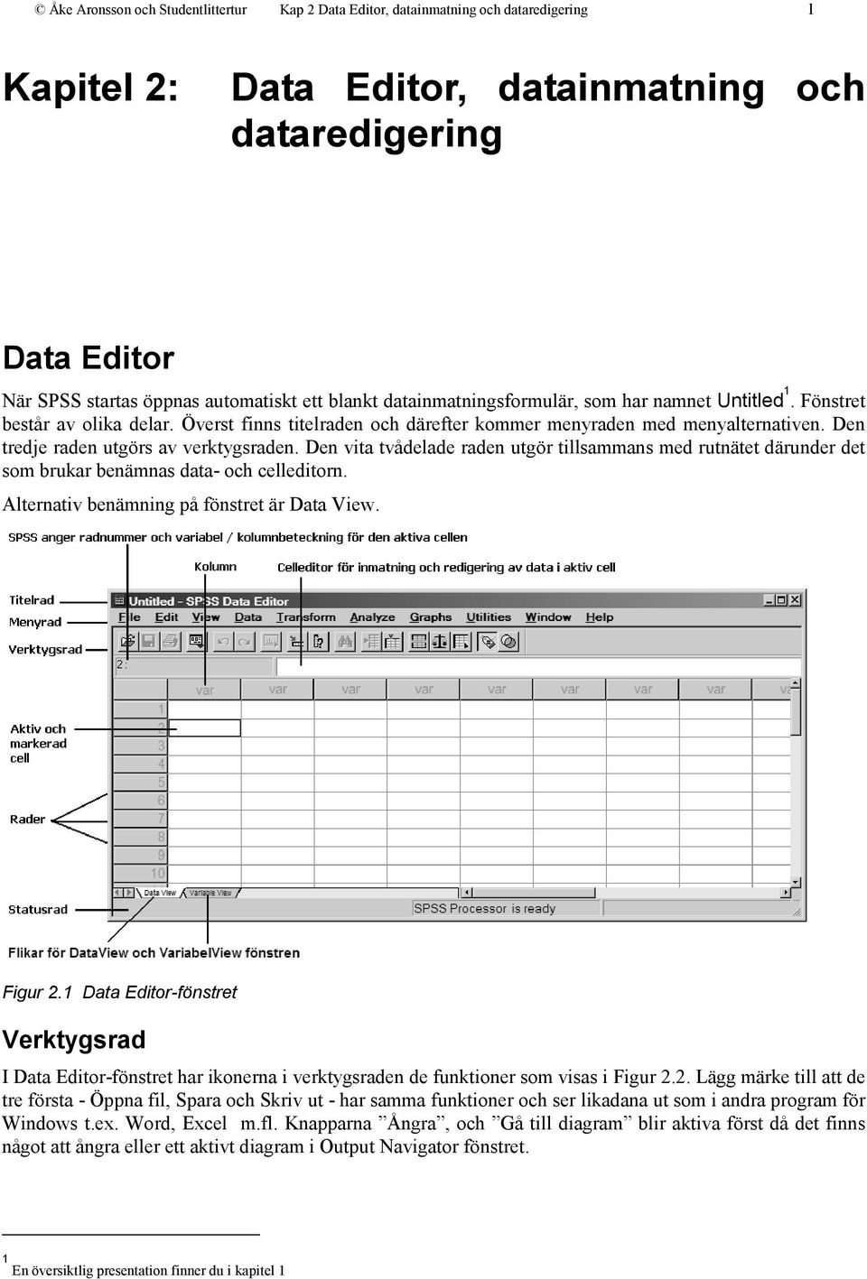 Den tredje raden utgörs av verktygsraden. Den vita tvådelade raden utgör tillsammans med rutnätet därunder det som brukar benämnas data- och celleditorn. Alternativ benämning på fönstret är Data View.