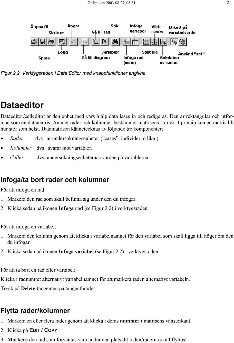 Datamatrisen kännetecknas av följande tre komponenter: N Rader dvs. är undersökningsenheter ( cases, individer, o.likn.). N Kolumner dvs. svarar mot variabler. N Celler dvs.