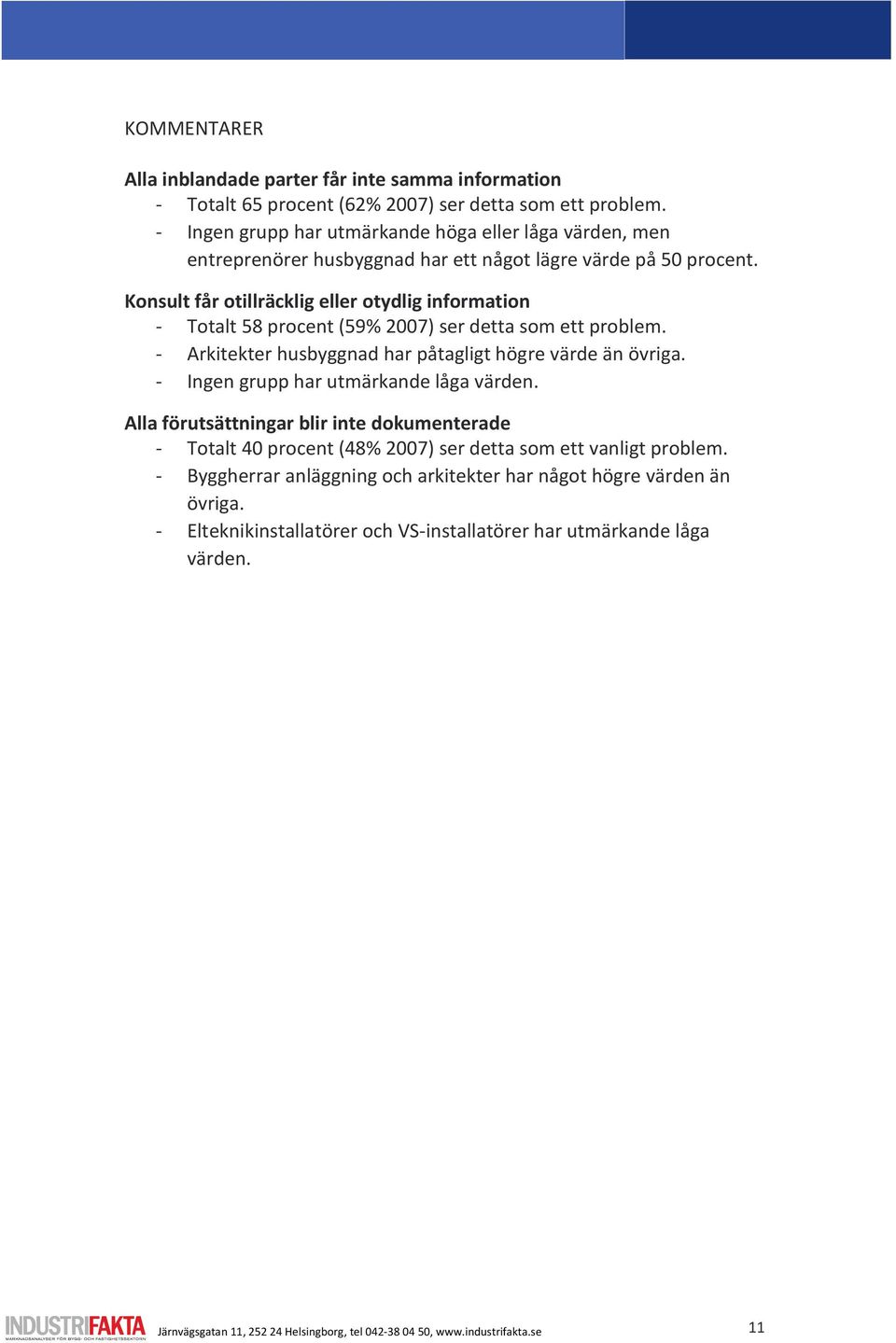 Konsult får otillräcklig eller otydlig information - Totalt 58 procent (59% 2007) ser detta som ett problem. - Arkitekter husbyggnad har påtagligt högre värde än övriga.