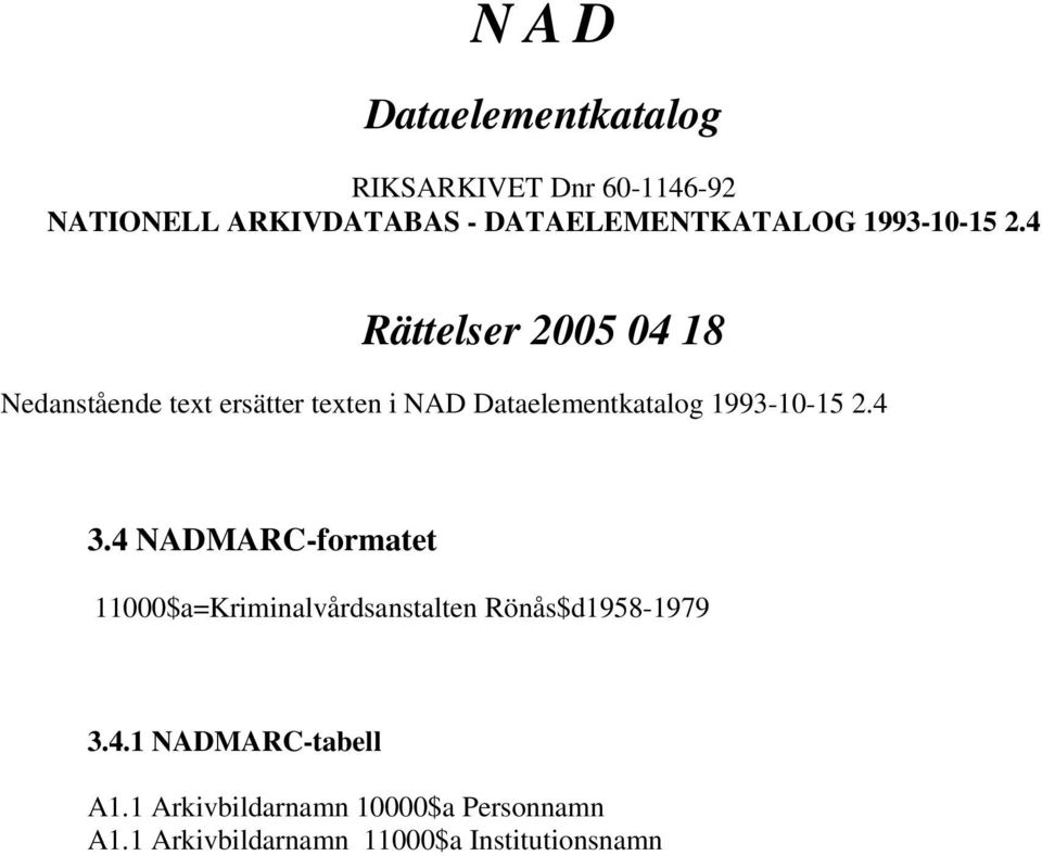 4 Rättelser 2005 04 18 Nedanstående text ersätter texten i NAD Dataelementkatalog 4 3.