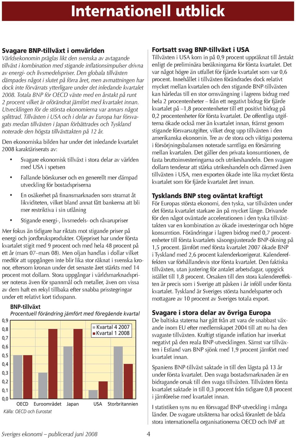 Totala BNP för OECD växte med en årstakt på runt 2 procent vilket är oförändrat jämfört med kvartalet innan. Utvecklingen för de största ekonomierna var annars något splittrad.